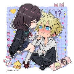 !? 1boy 1girl arm_support artist_name bandaid bandaid_on_cheek bandaid_on_face black_hair black_jacket black_pants black_shoes blonde_hair blue_eyes blue_scrunchie blue_skirt blush bracelet breasts brown_shoes checkered_background chocobo closed_eyes closed_mouth cloud_strife cloud_strife_(midgard_seventh_high_school) collarbone collared_shirt commentary couple delinquent ear_blush earrings english_commentary facing_another final_fantasy final_fantasy_vii final_fantasy_vii_ever_crisis from_side full_body gakuran hair_ornament hair_over_shoulder hair_scrunchie hand_on_another&#039;s_cheek hand_on_another&#039;s_face heart highres invisible_chair jacket jacket_on_shoulders jewelry jsdreamery knee_up kneehighs large_breasts long_hair long_sleeves looking_at_another miniskirt moogle neckerchief pants pleated_skirt purple_background red_neckerchief school_uniform scrunchie serafuku shirt shoes short_hair sitting skirt smile socks spiked_hair stud_earrings three_quarter_view tifa_lockhart tifa_lockhart_(midgard_seventh_high_school) twitter_username white_serafuku white_shirt white_socks
