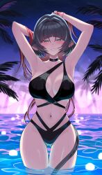 1girl absurdres alternate_costume animal_ear_piercing animal_ears arched_bangs armpits bikini black_bikini black_choker black_hair blunt_bangs blush breasts choker colored_inner_hair commentary_request cowboy_shot green_eyes grin hands_in_own_hair highres jane_doe_(zenless_zone_zero) large_breasts long_hair looking_at_viewer mouse_ears mouse_girl mouse_tail multi-strapped_bikini_bottom multi-strapped_bikini_top multicolored_hair navel night palm_leaf palm_tree pool red_hair ruaruayana smile solo standing star_(sky) swimsuit tail tail_around_own_leg tail_wrap tree two-tone_hair very_long_hair wading water water_drop wet zenless_zone_zero