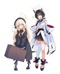 Rule 34 | +++, 2girls, :3, armpit crease, bare shoulders, black coat, black hair, black sailor collar, black shoes, blonde hair, blue archive, boots, breasts, briefcase, broken horn, closed eyes, coat, commentary request, full body, green eyes, hand fan, height difference, highres, holding, holding briefcase, holding fan, horns, long hair, long sleeves, mole, mole under eye, multiple girls, niya (blue archive), okobo, open mouth, platform sandals, pleated skirt, professor niyaniya (blue archive), racoon5, sailor collar, sandals, shoes, skirt, smile