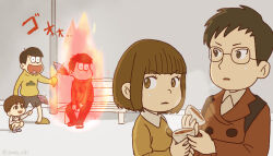 1girl 4boys steamed_bun bob_cut bowl_cut brown_hair burning child couple eitarou_(osomatsu-san) false_smile food glasses_boy_(osomatsu-san) looking_at_another matsuno_ichimatsu matsuno_jyushimatsu multiple_boys on_bench osomatsu-san osomatsu_(series) overalls roasted_sweet_potato short-haired_girl_(osomatsu-san) slippers smile steam sweatdrop sweet_potato user_pwza2477