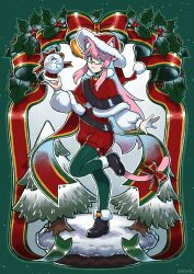 1girl absurdres animal_ears bell belt black_belt black_boots blue_eyes boots bow cat_ears cat_girl cat_tail christmas full_body fur-trimmed_boots fur-trimmed_headwear fur-trimmed_poncho fur_trim glasses green_pantyhose hat highres holding holding_snow_globe holly leaf leg_up looking_at_viewer original pantyhose pine_tree pink_hair pink_tail puffy_shorts puffy_sleeves red_hat red_poncho red_shorts ribbon saiwo_(saiwoproject) santa_hat shorts snow_globe solo tail tail_bow tail_ornament tree white_sleeves