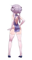 1boy absurdres ass back_cutout blue_dress blue_shoes braid china_dress chinese_clothes clothing_cutout dress elbow_gloves facing_away from_behind full_body gloves grey_hair hand_on_own_hip highres long_hair male_focus otonashi_(otonashi5959) pelvic_curtain shoes simple_background sleeveless sleeveless_dress solo standing thighhighs tongkkangi tongkkangi_(streamer) trap twin_braids twintails virtual_youtuber white_background white_gloves white_thighhighs