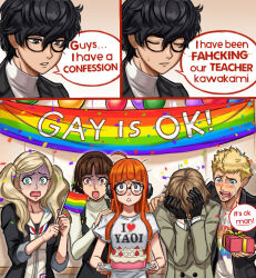 3boys 3girls akechi_gorou amamiya_ren black_dress black_gloves black_hair black_jacket blazer blonde_hair blunt_bangs box breasts brown_hair cake closed_eyes clothes_writing collarbone commentary confetti crying crying_with_eyes_open dress english_commentary english_text flag food gift gift_box glasses gloves hair_between_eyes hand_on_another&#039;s_shoulder hands_up headphones highres holding holding_flag holding_gift holding_tray jacket long_hair long_sleeves looking_at_viewer medium_breasts multiple_boys multiple_girls neggoartz niijima_makoto open_mouth orange_hair persona persona_5 rainbow_flag sakamoto_ryuuji sakura_futaba shaded_face shirt short_hair short_sleeves speech_bubble surprised takamaki_anne tears tray turtleneck white_shirt zipper_pull_tab