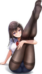 1girl ass black_pantyhose blush bow bowtie breasts brown_hair buruma collared_shirt highres large_breasts legs_up long_hair looking_at_viewer original pantyhose pantyhose_under_buruma purple_eyes red_bow red_bowtie school_uniform shirt short_sleeves smile thighband_pantyhose very_long_hair white_background white_shirt yukemuriganmo