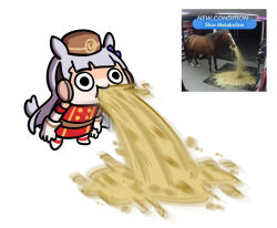 1girl animal_ears bow chibi gameplay_mechanics gold_ship_(umamusume) grey_hair hair_bow hat highres horse_ears horse_girl horse_tail keenbiscuit meme reference_inset tail umamusume vomiting white_background