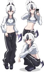 1girl absurdres alternate_costume alternate_hairstyle black_pants black_shoes blue_archive blush cellphone cropped_shirt demon_girl demon_horns demon_wings hand_in_own_hair hand_on_own_cheek hand_on_own_face highres hikkio holding holding_phone horns kayoko_(blue_archive) long_hair looking_at_viewer navel pants parted_lips phone red_eyes shirt shoes single_wing smartphone smile solo squatting stomach two_side_up white_hair white_shirt wings