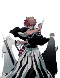 Rule 34 | 3boys, absurdres, bankai, black hair, black hakama, black kimono, bleach, bleach: sennen kessen-hen, brown eyes, closed mouth, colored skin, facial hair, hair between eyes, hakama, highres, holding, holding sword, holding weapon, hollow (bleach), hollow ichigo, japanese clothes, kimono, kurosaki ichigo, long hair, long sleeves, looking at viewer, male focus, multiple boys, n ep tune2, orange hair, shihakusho, shikai, shinigami, short hair, simple background, solo focus, spiked hair, sword, tensa zangetsu (bankai), true zangetsu (bankai), true zangetsu (shikai), weapon, white hair, white skin, zangetsu (bleach), zangetsu (shikai), zanpakutou