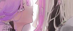 Rule 34 | 2girls, black gloves, blonde hair, commentary, cure kiss, cure zukyuun, duko, earrings, eyes out of frame, gloves, gradient hair, hand on another&#039;s face, head out of frame, highres, jewelry, kimi to idol precure, long hair, looking at another, magical girl, multicolored hair, multiple girls, parted lips, pink eyes, pink hair, precure, purple hair, signature, simple background, streaked hair, two-tone hair, white background, yuri