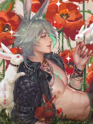 Rule 34 | 1boy, alhaitham (genshin impact), arm tattoo, artistdkt, black jacket, black nails, chest tattoo, easter, flower, genshin impact, green eyes, green hair, green tattoo, hand up, highres, jacket, male focus, male underwear, male underwear peek, nail polish, nipples, open clothes, open jacket, pectorals, rabbit, smile, tattoo, underwear