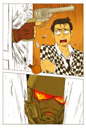 2boys benny_(fallout:_new_vegas) black_necktie broken_door checkered_clothes cigarette courier_(fallout:_new_vegas) fallout:_new_vegas fallout fingerless_gloves flaming_eyes gas_mask gloves gogopangolin gun handgun helmet here&#039;s_johnny!_(meme) male_focus mask meme multiple_boys necktie revolver screaming sweat the_shining weapon
