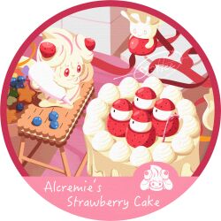 :d alcremie alcremie_(strawberry_sweet) blueberry border cake cccacademia character_name closed_mouth commentary creatures_(company) evolutionary_line food fruit game_freak gen_8_pokemon highres holding looking_at_food milcery nintendo no_humans open_mouth pastry_bag pokemon pokemon_(creature) pokemon_focus red_eyes signature smile stool strawberry transparent_border