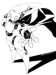 1girl cape disney drossel_von_flugel fireball_(series) humanoid_robot ink_(medium) inktober joints krokobyaka looking_at_viewer no_mouth robot robot_girl robot_joints solo thighs traditional_media