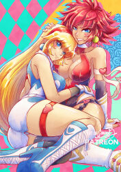2girls abstract_background armband artist_name asymmetrical_legwear bare_shoulders blonde_hair blue_eyes breasts center_opening choker cleavage cleavage_cutout closed_mouth clothing_cutout commentary cutie_honey cutie_honey_(character) dual_persona english_commentary facial_mark feet_out_of_frame gensox gloves grin hairband heart heart_choker kisaragi_honey large_breasts long_hair looking_at_viewer multiple_girls paid_reward_available red_hair red_hairband selfcest short_hair sleeveless smile yuri