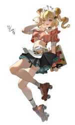 1girl absurdres apron belt black_skirt blonde_hair burnice_white burnice_white_(operation_yum_2025) chinese_commentary commentary_request full_body highres layered_skirt looking_at_viewer maid_headdress midriff navel official_art one_eye_closed open_mouth orange_eyes plaid_clothes puffy_short_sleeves puffy_sleeves red_shirt shirt short_sleeves simple_background skates skirt socks solo stomach striped_clothes striped_shirt twintails waist_apron white_apron white_background white_belt white_socks yuan_zhen zenless_zone_zero