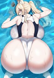 1girl absurdres all_fours animal_ears ass ass_focus back blonde_hair blue_archive blue_eyes breasts cameltoe commentary competition_swimsuit highleg highleg_leotard highres huge_breasts kanna_(blue_archive) kanna_(swimsuit)_(blue_archive) leotard long_hair looking_at_viewer one-piece_swimsuit ponytail shark_tooth skindentation solo swimsuit tewaki water wet
