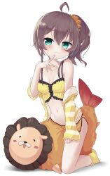 1girl aged_down ahoge blue_eyes blush breasts brown_hair camisole closed_mouth eyebrows_hidden_by_hair fufunoko full_body hair_between_eyes hair_ornament hair_scrunchie highres hololive looking_at_viewer medium_hair natsuiro_matsuri navel ponytail scrunchie shorts simple_background sitting small_breasts smile solo stomach stuffed_animal stuffed_toy virtual_youtuber white_background yellow_camisole yellow_shorts yellow_sleeves
