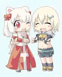 2girls :d animal_ears belt black_shoes black_shorts black_skirt black_socks blonde_hair blue_background blush_stickers bow breasts brown_shirt candy chibi chibi_only commentary_request crop_top cropped_jacket dog_ears dog_girl double_w dress elbow_gloves fingerless_gloves food full_body gloves green_belt high_priest_(ragnarok_online) holding holding_candy holding_food holding_lollipop hunter_(ragnarok_online) jacket lollipop looking_at_viewer medium_hair midriff miniskirt multiple_girls navel one_eye_closed open_mouth polka_dot polka_dot_background porinu ragnarok_online red_bow red_dress red_eyes sash shirt shoes short_hair short_shorts short_sleeves shorts shorts_under_skirt skirt small_breasts smile socks swirl_lollipop two-tone_dress w white_background white_dress white_hair white_jacket white_sash