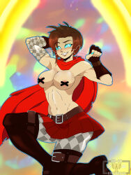1girl absurdres alternate_costume alternate_eye_color arms_up bare_shoulders belt bikini black_footwear blue_eyes blue_nails blush boots breasts cape checkered_bikini checkered_clothes checkered_sleeves checkered_thighhighs cleavage cm_artist corruption cross cross_pasties curious_cat_(rwby) dark_persona evil_smile fingerless_gloves gloves highres kneeling large_breasts looking_at_viewer midriff nail_(hardware) nail_polish navel pasties possessed possession red_cape red_hair ruby_rose rwby signature slit_pupils smile swimsuit topless_female torn torn_clothes torn_sleeves watermark whiskers x