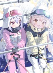 2girls :d absurdres alternate_costume azusa_(blue_archive) beanie black_gloves black_scarf blue_archive blush breath bright_pupils brown_hair character_print coat cold commentary day eyelashes feet_out_of_frame floral_print gloves goggles goggles_on_head hair_ornament halo happy hat hifumi_(blue_archive) highres holding_ski_pole long_hair looking_at_another low_twintails low_wings mikumiku37 multiple_girls open_mouth outdoors pants peroro_(blue_archive) pink_coat pink_pants pom_pom_(clothes) print_coat purple_eyes scarf sidelighting sitting ski_pole skiing sleeves_past_wrists smile snow sunlight tareme tsurime twintails v_arms wavecat_(blue_archive) white_hair white_hat white_pants white_wings wing_hair_ornament winged_halo wings winter yellow_coat yellow_eyes yellow_halo