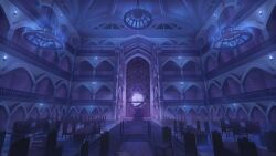 Rule 34 | a date with death, absurdres, blue theme, book, bookshelf, candlestand, chair, chandelier, dark, highres, indoors, library, model planet, no humans, non-web source, official art, railing, scenery, tile floor, tiles, too many, too many books