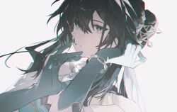 1girl bare_shoulders bead_necklace beads black_hair bracelet cheonyeon-hi clothing_cutout dress gloves green_eyes green_gloves hair_between_eyes hands_up hashtag-only_commentary honkai:_star_rail honkai_(series) jewelry long_hair looking_at_viewer necklace parted_lips ruan_mei_(honkai:_star_rail) shoulder_cutout simple_background solo upper_body white_background