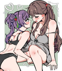 2girls babydoll black_bra black_panties blush border bra breasts brown_hair cleavage closed_eyes closed_mouth collarbone commentary expressionless facing_another fingering flower flying_sweatdrops fujishima_megumi green_background green_eyes grey_babydoll hair_bun hair_flower hair_ornament heart highres large_breasts link!_like!_love_live! long_hair looking_at_another love_live! multiple_girls open_mouth otomune_kozue outside_border panties purple_hair red_flower seseri_(sssr_d) side_ponytail sidelocks simple_background single_side_bun sitting tassel tassel_hair_ornament trembling two_side_up u_u underwear underwear_only vaginal virtual_youtuber white_border yuri