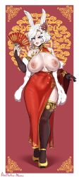 absurdres aestheticc-meme animal_ears artist_name bare_shoulders black_gloves blue_eyes breasts breasts_out bridal_gauntlets china_dress chinese_clothes commentary dress english_commentary feather_boa floral_print flower folding_fan full_body gloves hair_flower hair_ornament hairclip hand_fan highres holding holding_fan large_breasts long_hair looking_at_viewer mature_female nipples open_mouth rabbit_ears rabbit_girl red_flower rwby short_hair smile standing thighhighs white_hair willow_schnee