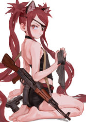 1girl :3 ak-47 akm animal_ears assault_rifle bare_legs bare_shoulders barefoot belt black_choker black_panties black_shirt brown_belt cat_ears choker closed_mouth eyepatch feifei_(fkey) fkey from_behind gun hand_up handgun highres kalashnikov_rifle long_hair looking_at_viewer looking_back one_eye_covered original panties pistol red_eyes red_hair rifle sanpaku shirt simple_background sitting slit_pupils smile solo twintails underwear very_long_hair wariza weapon white_background