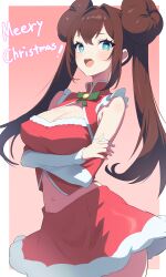 1girl absurdres arms_under_breasts blue_eyes breasts brown_hair christmas cleavage creatures_(company) crop_top crossed_arms double_bun donut_hair_bun english_text engrish_text fur-trimmed_skirt fur_trim game_freak hair_bun highres large_breasts long_hair looking_at_viewer merry_christmas midriff navel nintendo open_mouth pokemon pokemon_bw2 ranguage rosa_(pokemon) ryokuchabushi santa_costume skirt solo standing stomach twintails