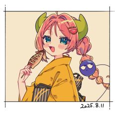 Rule 34 | 1girl, :3, :d, ako-chan (notamaru 2), blue eyes, blush stickers, border, commentary request, dated, fang, food, green horns, highres, holding, holding food, horns, ikayaki, japanese clothes, kimono, long hair, long sleeves, looking at viewer, notamaru 2, obi, open mouth, original, red hair, sash, simple background, smile, solo, upper body, white border, wide sleeves, yellow background, yellow kimono