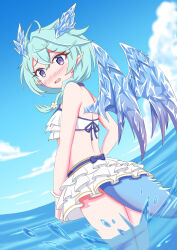 1girl bikini bikini_skirt blue_sky blue_tail blush crystal_horns crystal_wings dragon_horns dragon_tail dragon_wings flower frilled_bikini frills hair_flower hair_ornament hair_over_shoulder highres horns looking_back nojyo_plus ocean princess_connect! purple_eyes sheffy_(princess_connect!) sheffy_(summer)_(princess_connect!) sky solo standing swimsuit tail wading wings