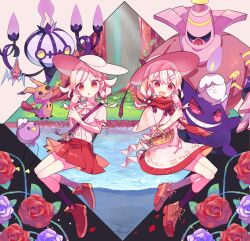2girls absurdres basket black_socks braid brown_footwear chandelure creatures_(company) drifloon dusknoir flower forest game_freak gen_1_pokemon gen_4_pokemon gen_5_pokemon gen_7_pokemon gengar grin hair_ornament hairclip hat highres litwick mimikyu multiple_girls nagatsukiariake nature nintendo open_mouth original pleated_skirt pokemon pokemon_(creature) red_eyes red_flower red_rose red_skirt ribbon river rose rotom shirt skirt smile socks twin_braids white_flower white_hair white_hat white_ribbon white_rose white_shirt