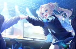 2girls :d armband black_jacket black_shorts blonde_hair blue_armband blue_hair chain chair checkered_clothes checkered_shorts clothes_writing competition computer computer_mouse computer_tower cowboy_shot curtained_hair fang fist_bump floating_hair flower game_cg gaming_chair gradient_hair hair_flower hair_ornament hand_on_headphones headphones headphones_around_neck highres indoors jacket leather leather_jacket light_particles link!_like!_love_live! love_live! monitor multicolored_hair multiple_girls non-web_source official_art open_clothes open_jacket open_mouth osawa_rurino osawa_rurino_(summer_casual) parted_bangs pink_flower short_shorts shorts smile solo_focus standing swivel_chair twintails virtual_youtuber white_shorts