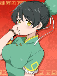1girl arm_up black_hair breasts bun_cover china commentary_request dress frilled_sleeves frills green_dress hair_bun hazuki_ren highres koaraya love_live! love_live!_superstar!! meandros meandros_border medium_breasts official_alternate_costume official_alternate_hairstyle parted_lips red_background short_hair short_sleeves sideways_mouth single_hair_bun solo upper_body yellow_eyes