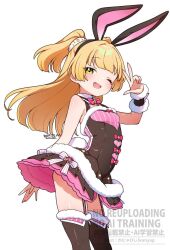 1girl animal_ears bare_shoulders bad_tag blonde_hair blush breasts dress fake_animal_ears fake_tail fur_trim garter_straps green_eyes highres idolmaster idolmaster_cinderella_girls jougasaki_rika kanya_pyi loli long_hair looking_at_viewer one_eye_closed open_mouth bad_tag rabbit_ears rabbit_tail small_breasts smile solo tail thighhighs two_side_up v