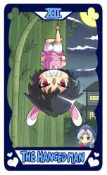 Rule 34 | 2girls, animal ears, bamboo, bamboo forest, barefoot, black hair, bloomers, card (medium), carrot necklace, clenched teeth, cloud, cloudy sky, colonel aki, cross, dress, forest, full moon, hanging, heart, inaba tewi, jewelry, long hair, moon, multiple girls, nature, necklace, pink dress, rabbit ears, rabbit girl, red cross, red eyes, short hair, sky, tarot, tarot (medium), teeth, the hanged man (tarot), touhou, underwear, upside-down, white hair, yagokoro eirin