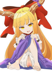 1girl barefoot blonde_hair bloomers blunt_bangs bow brown_horns commentary_request crotchless crotchless_bloomers full_body hair_bow highres horn_bow horn_ornament horns ibuki_suika kurohiba long_hair looking_at_viewer open_mouth pointy_ears purple_bow purple_skirt pussy red_bow shirt sidelocks simple_background sitting skirt smile soles solo toenails toes touhou uncensored underwear very_long_hair white_background white_bloomers white_shirt wrist_cuffs yellow_eyes