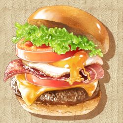 bacon beef bread brown_background burger cheese egg egg_(food) egg_yolk food food_focus fried_egg lettuce meat nagare750 no_humans original realistic simple_background still_life sunny_side_up_egg tomato tomato_slice