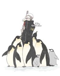 6+others animal animal_print baby_penguin beak bird black_coat black_hair coat emperor_penguin facial_hair finger_tattoo flippers fur_hat hat high_collar highres holding holding_sword holding_weapon huddle leopard_print long_sideburns male_focus multiple_others nama_dododo one_piece penguin sideburns surrounded sword tattoo trafalgar_law weapon