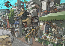 5girls air_conditioner awning bag banana banner basket bicycle bucket building carrot cigarette city crash crate daikon day drainpipe eyewear_on_head flying food fruit fruit_stand glasses gregorius_yamada grey_hair light long_sleeves multiple_girls old old_woman original outdoors plant plate potted_plant power_lines radish road sack satellite_dish scarf shawl short_hair shoulder_bag sign smoking spring_onion storefront street tree utility_pole