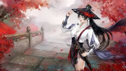 1girl arm_belt asian autumn autumn_leaves belt belt_buckle black_eyes black_hair black_hat black_skirt bracer bridge buckle character_request chinese_clothes chinese_commentary chinese_hairpin closed_mouth cloud cloudy_sky commentary_request cowboy_shot day earrings expressionless falling_leaves fence floating_hair gold_buckle grey_belt hair_bun hair_through_headwear hand_on_hilt hanfu hat hat_ornament high-waist_skirt high_collar jewelry leaf leaf_hat_ornament lipstick long_hair long_sleeves looking_ahead makeup mandarin_collar miniskirt outdoors rain red_belt red_lips see-through_clothes see-through_headwear sheath sheathed single_hair_bun skirt sky solo standing straw_hat sword tassel thick_eyebrows tree very_long_hair weapon weimao wet white_hanfu ye_dian_pikaqiu yi_meng_jianghu