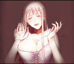 Rule 34 | 1girl, axis powers hetalia, bare shoulders, breasts, brown background, character name, collarbone, commentary request, corset, fingernails, genderswap, genderswap (mtf), hands up, heart, large breasts, long fingernails, long hair, looking at viewer, open mouth, pink corset, pink ribbon, purple eyes, ribbon, russia (female) (hetalia), russia (hetalia), russian text, sidelocks, simple background, smile, solo, tatumin13, upper body