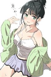 Rule 34 | 1girl, bare shoulders, bien (djpwjd1), breasts, camisole, cardigan, cardigan partially removed, cleavage, collarbone, cowboy shot, green cardigan, hair bun, highres, hot, link! like! love live!, lone nape hair, long sleeves, looking at viewer, love live!, medium breasts, midriff, miniskirt, momose ginko, momose ginko (ao no tsubame loungewear), official alternate costume, purple skirt, short hair, sidelocks, simple background, single hair bun, sitting, skirt, solo, spaghetti strap, sweat, virtual youtuber, white background, white camisole