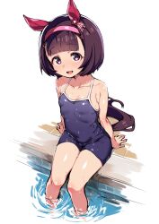1girl absurdres animal_ears blue_one-piece_swimsuit breasts brown_hair collarbone ear_covers highres horse_ears horse_girl horse_tail looking_at_viewer nishino_flower_(umamusume) one-piece_swimsuit open_mouth pink_eyes pool short_hair simple_background sitting small_breasts smile solo swimsuit tail tracen_swimsuit umamusume wet wet_clothes wet_swimsuit white_background yuki_usagi_(agtd5758)
