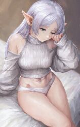 1girl abs earrings elf frieren green_eyes grey_hair jewelry long_hair long_sleeves mercyofblade panties pointy_ears shirt sleeves_past_wrists sousou_no_frieren turtleneck underwear