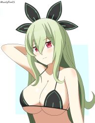 1girl arm_behind_head armpit_peek bikini bikini_top_only breasts green_hair hakozaki_chika highres large_breasts leafy_bow long_hair looking_at_viewer neptune_(series) ponytail red_eyes smile solo swimsuit