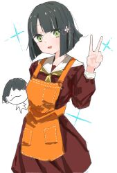 1girl :d apron black_hair blunt_bangs blunt_ends bob_cut brown_dress chibi chibi_inset commentary_request cowboy_shot dress flower flower_knot gamers_(store) green_eyes hair_flower hair_ornament hanamiya_nina_(style) hasu_no_sora_school_uniform highres link!_like!_love_live! long_sleeves looking_at_viewer love_live! medium_dress momose_ginko neckerchief open_mouth orange_apron pleated_dress sailor_collar sailor_dress school_uniform short_hair simple_background smile solo summer_uniform v virtual_youtuber white_background white_flower white_sailor_collar yellow_neckerchief zen66574227