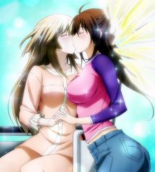 Rule 34 | 2girls, blonde hair, brown hair, hidaka chiho, highres, holding hands, kiss, long hair, multiple girls, sekirei, stitched, third-party edit, uzume, uzume (sekirei), yuri