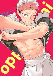 1boy abs alternate_costume bare_pectorals black_hair clothes_lift crossdressing enmaided itadori_yuuji juju_net jujutsu_kaisen lifting_own_clothes looking_at_viewer maid maid_headdress male_focus male_maid muscular muscular_male nipples pectorals pink_eyes pink_hair shirt_lift short_hair simple_background smile solo spiked_hair teeth undercut