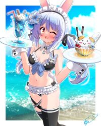Rule 34 | 1girl, absurdres, animal ears, beach, bikini, black thighhighs, blue hair, blush, breasts, day, hair ornament, highres, hololive, holonatsu paradise, jun (noiji guren 0220), long hair, looking at viewer, maid, maid bikini, maid headdress, navel, official alternate costume, one eye closed, open mouth, outdoors, rabbit ears, sky, small breasts, smile, solo, swimsuit, tail, thighhighs, tray, twintails, unconventional maid, usada pekora, usada pekora (holonatsu paradise), virtual youtuber